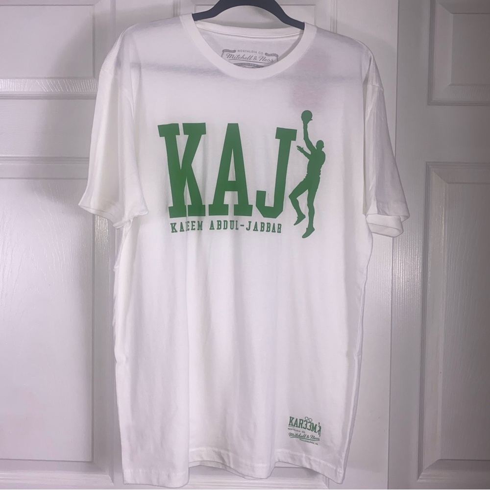 Men’s White Mitchell and Ness T-Shirt with Green KAJ Design